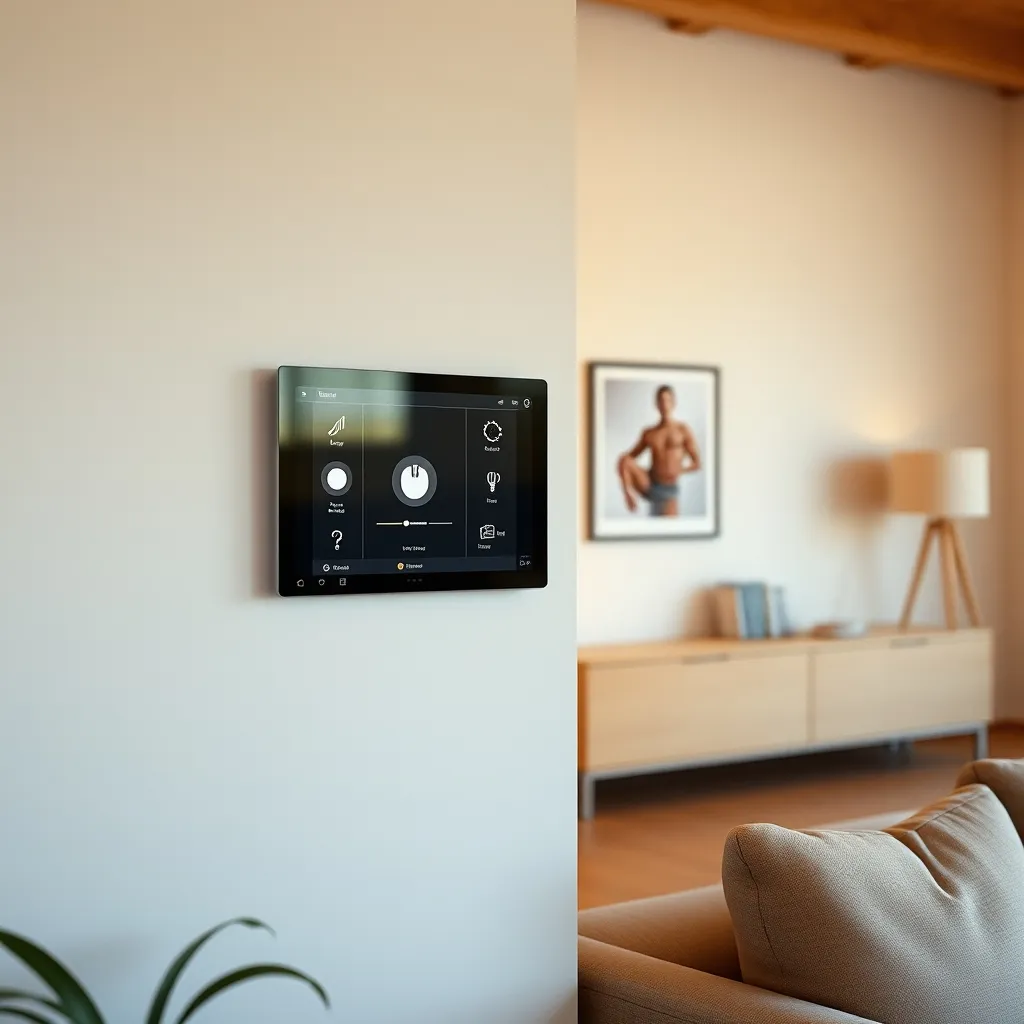 Écran tactile mural de pilotage domotique dans un salon contemporain