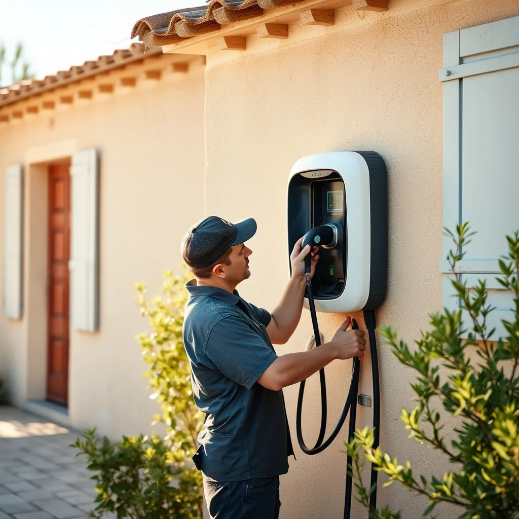 Installation d'une borne de recharge IRVE sur la façade d'une maison dans l'Aude