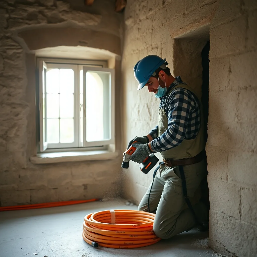 Réalisation de saignées dans un mur en pierre pour le passage des gaines ICTA