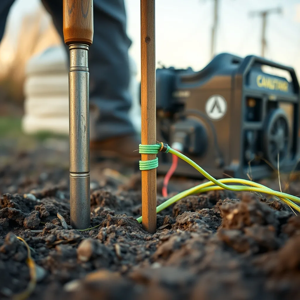 Installation du piquet de mise à la terre pour un groupe électrogène de chantier