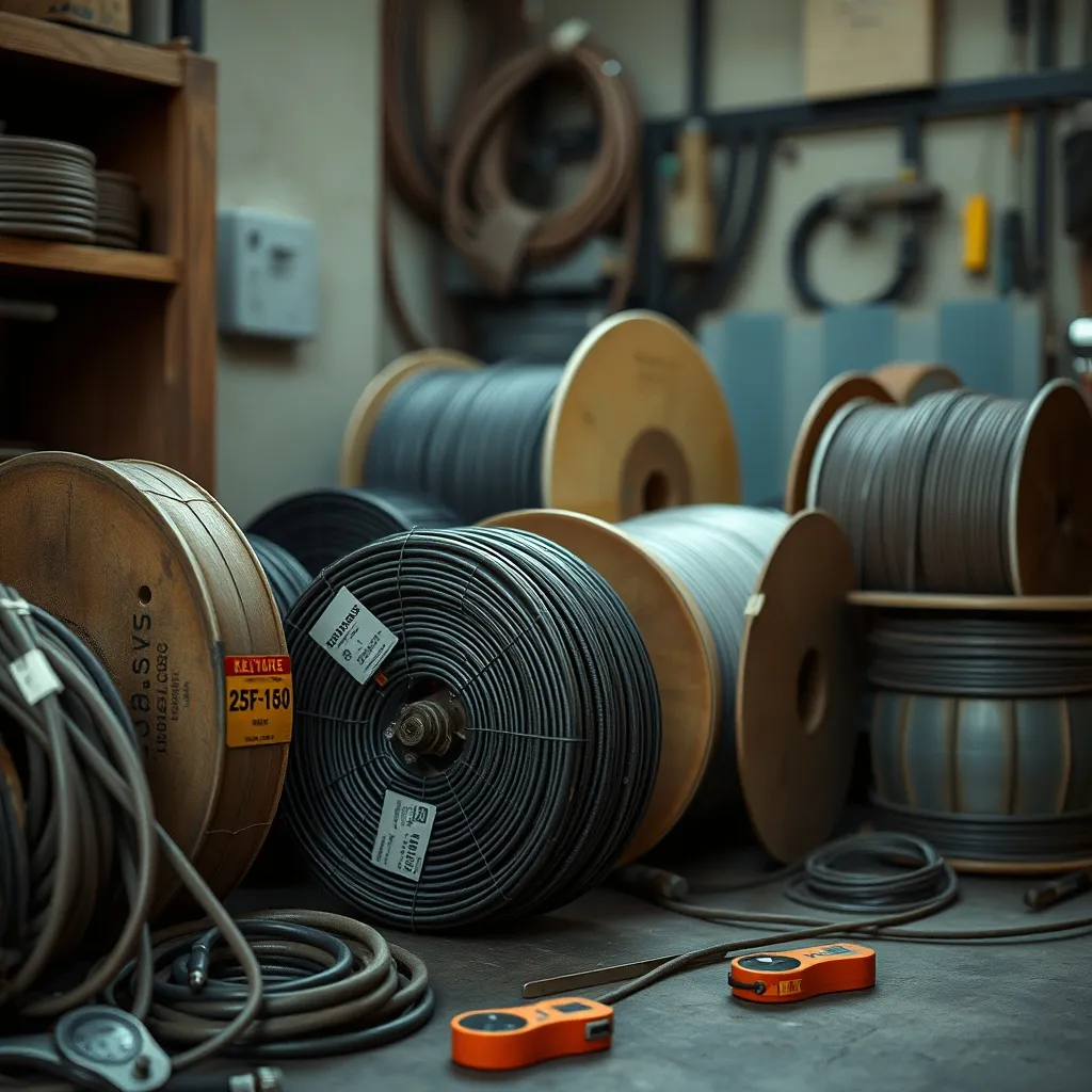 Tourets de câble de différentes sections dans un atelier d'électricien