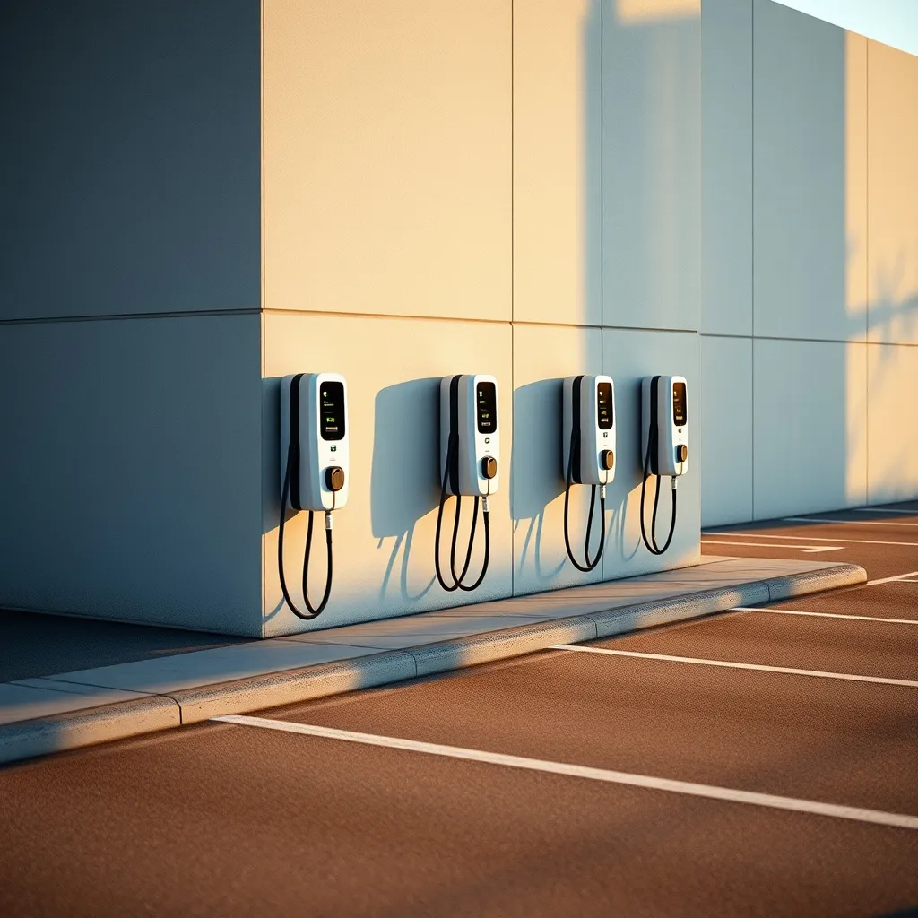 Parking d'entreprise équipé de cinq bornes 7,4 kW conformes aux obligations LOM