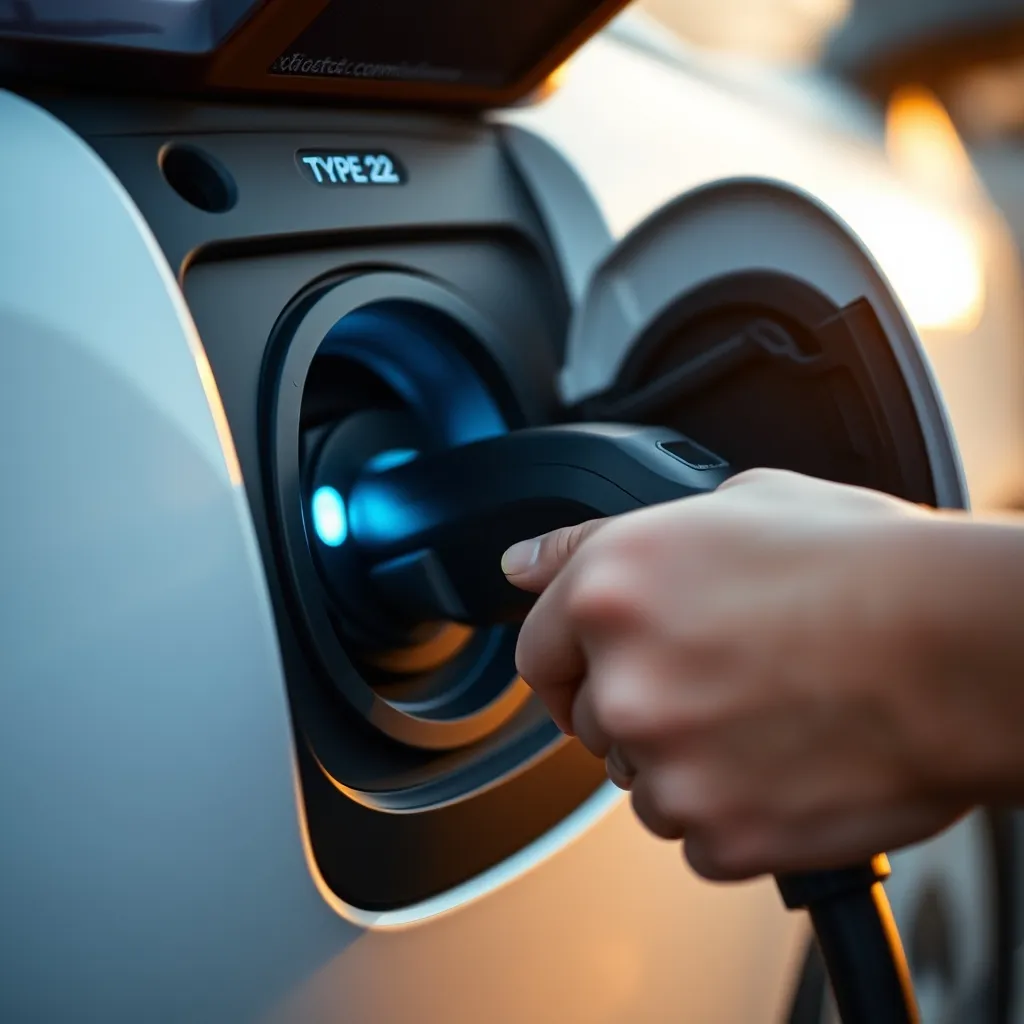 Branchement d'un connecteur Type 2 sur un véhicule électrique en charge à domicile