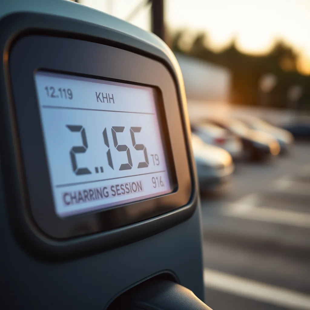Écran d'une borne affichant le tarif au kWh et la progression de la charge