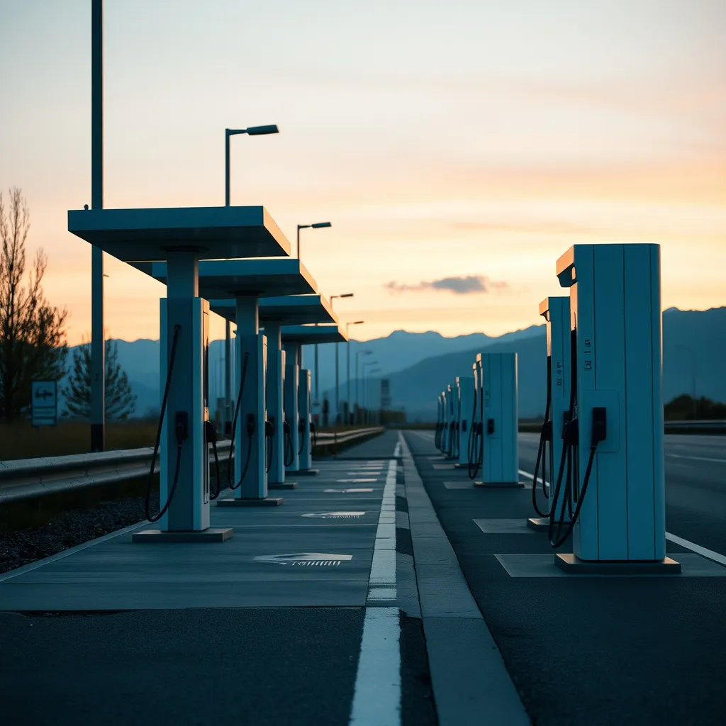 Bornes de recharge rapide sur une aire d'autoroute près des Alpes