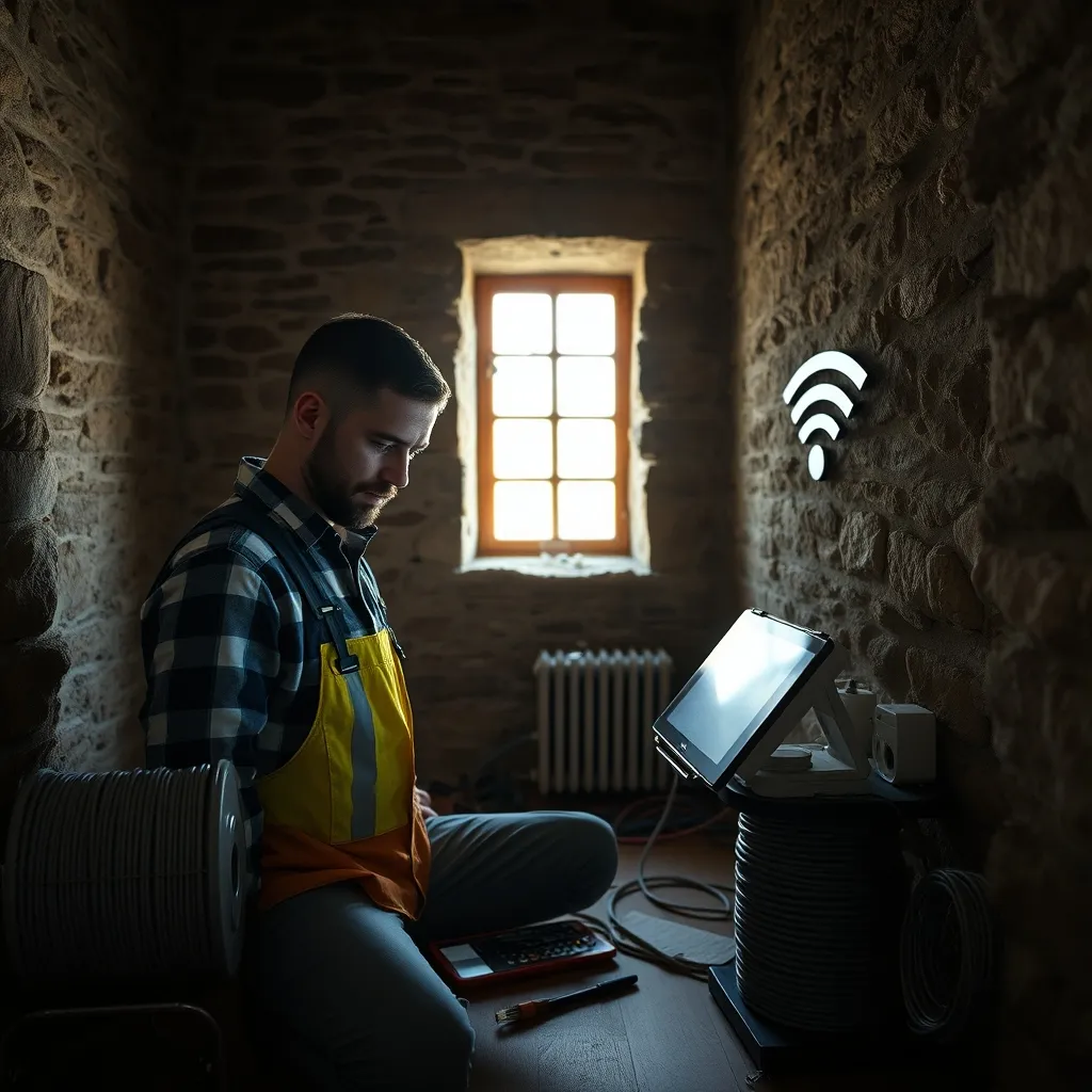 Test de couverture Wi-Fi dans une pièce aux murs en pierre épais