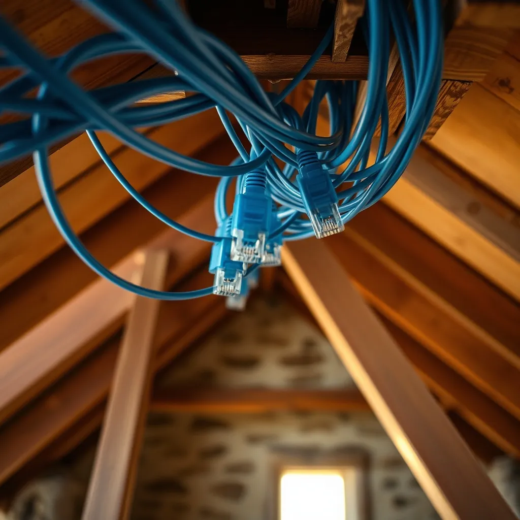 Passage de câbles Ethernet Cat 6 dans les combles d'une maison en pierre