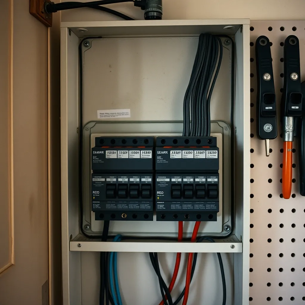 Tableau secondaire terminé dans un atelier avec différentiel et disjoncteurs repérés