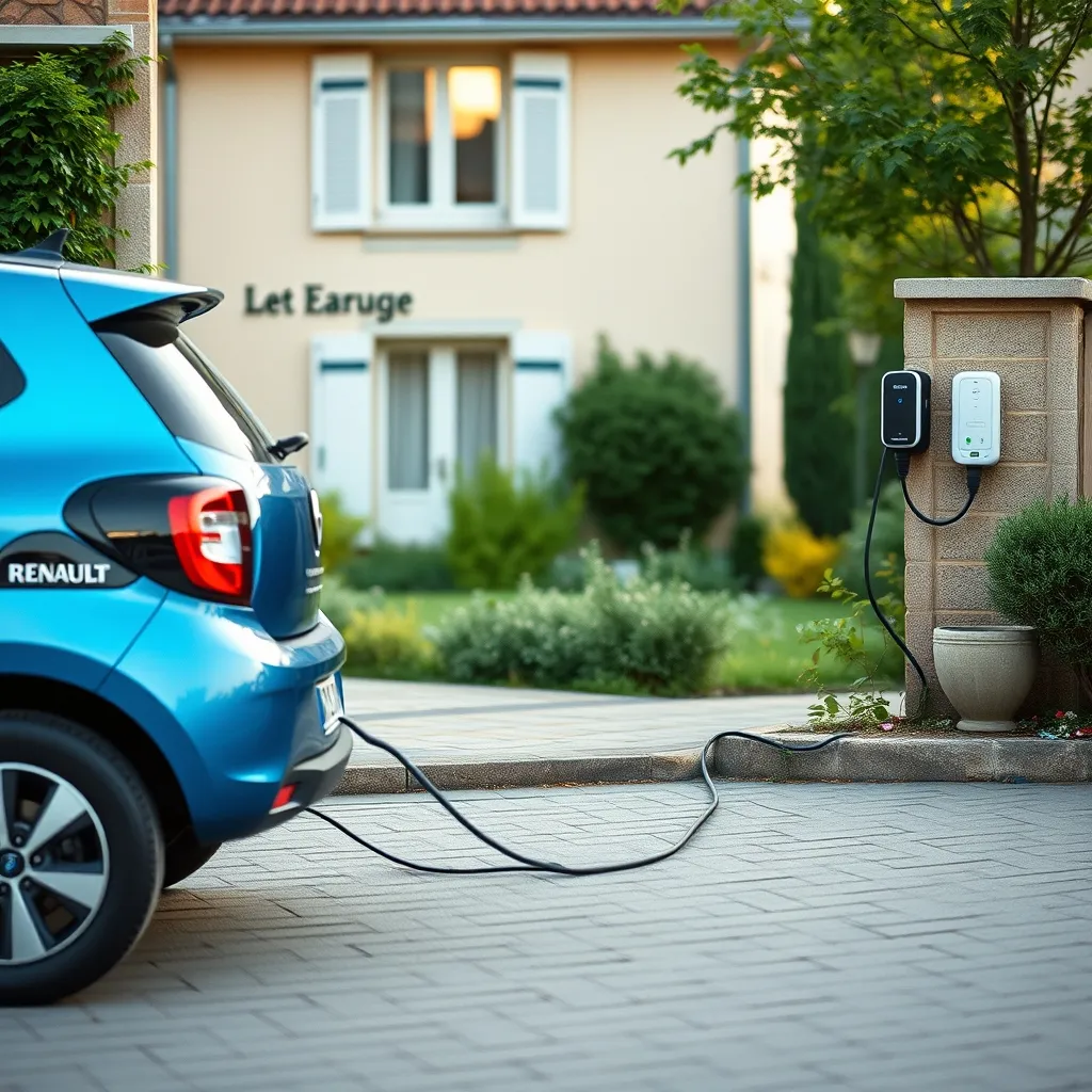 Renault 5 E-Tech en charge sur une borne domestique installée en extérieur