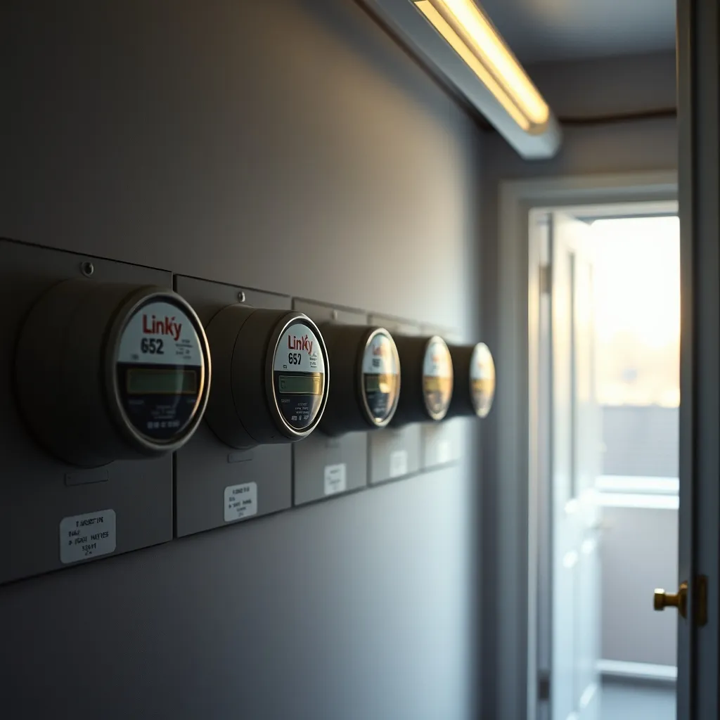En immeuble, plusieurs compteurs Linky sont regroupés dans un local technique commun