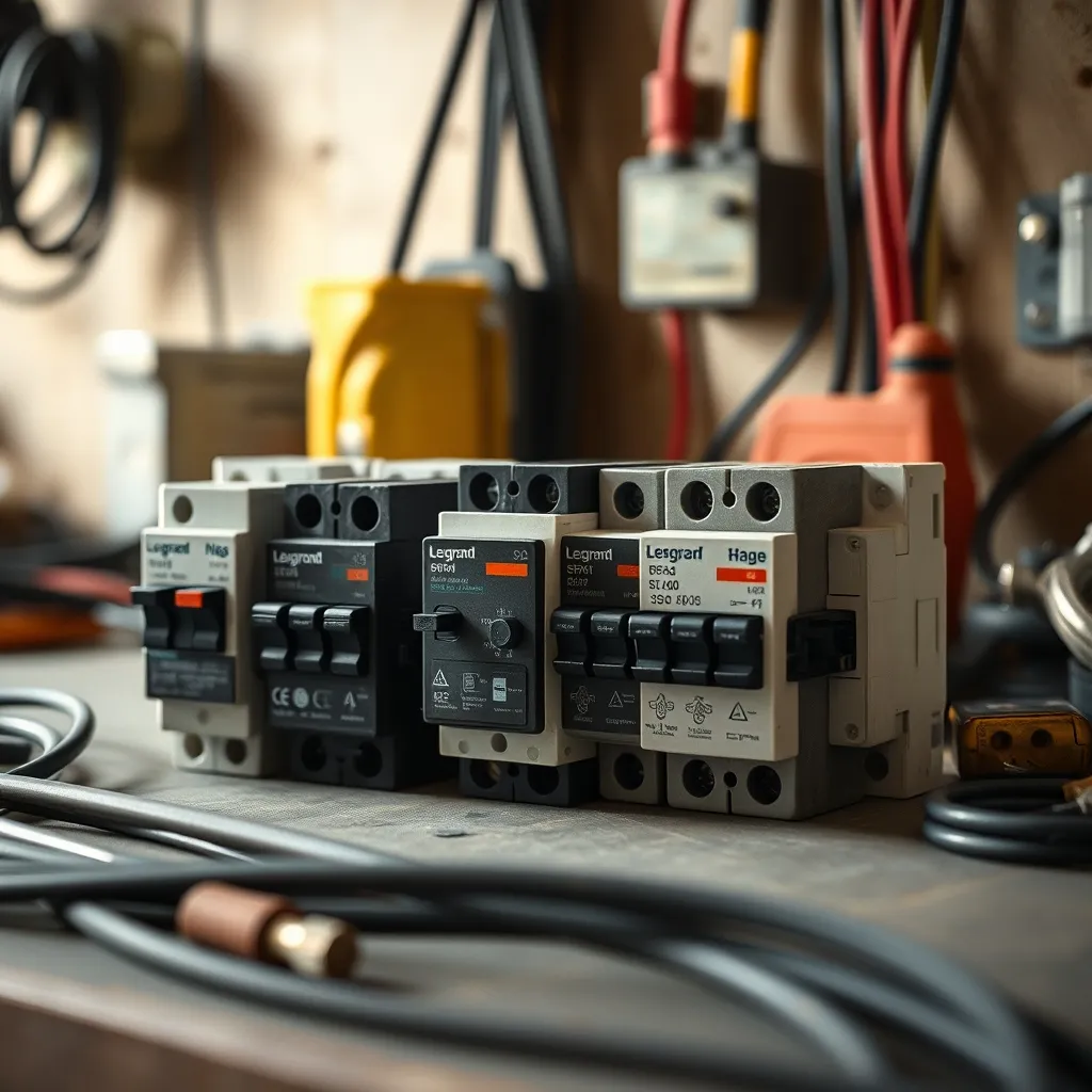 Disjoncteurs divisionnaires de marques Legrand, Schneider et Hager sur un établi d'électricien