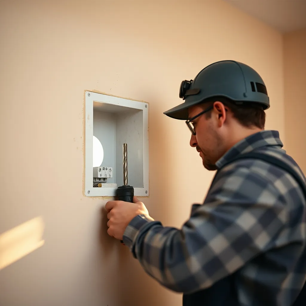 Perçage de la cloison en placo avec une scie cloche de 67 mm pour la boîte d'encastrement