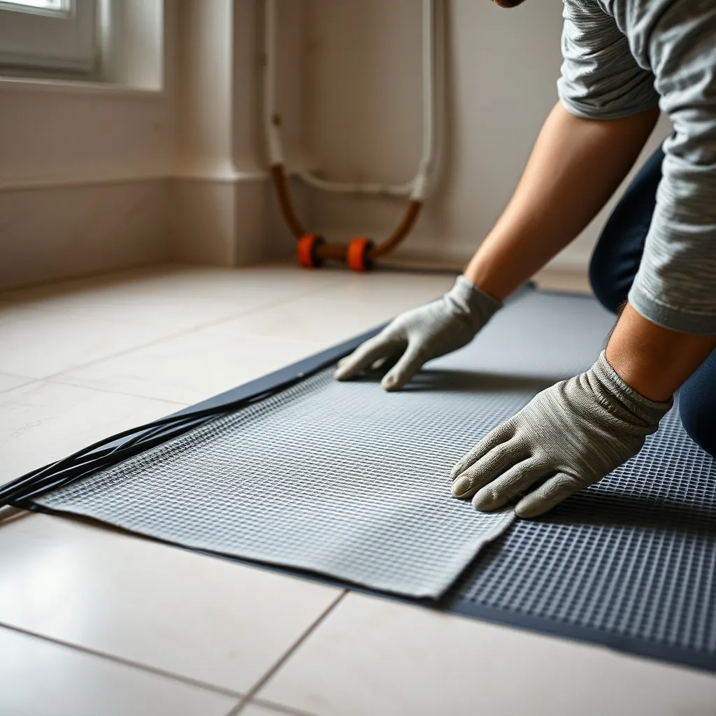 Pose d'une trame chauffante électrique ultra-mince avant carrelage en salle de bain