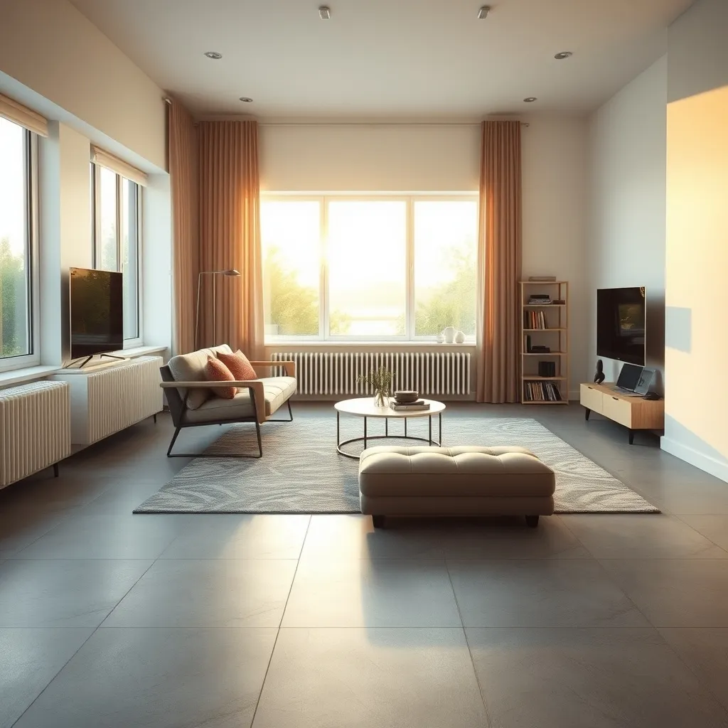 Salon équipé d'un plancher chauffant rafraîchissant sous carrelage grand format, sans radiateur visible