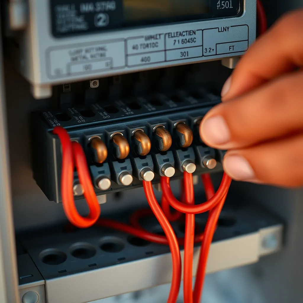 Détail des bornes de raccordement du compteur Linky avec câbles cuivre correctement serrés