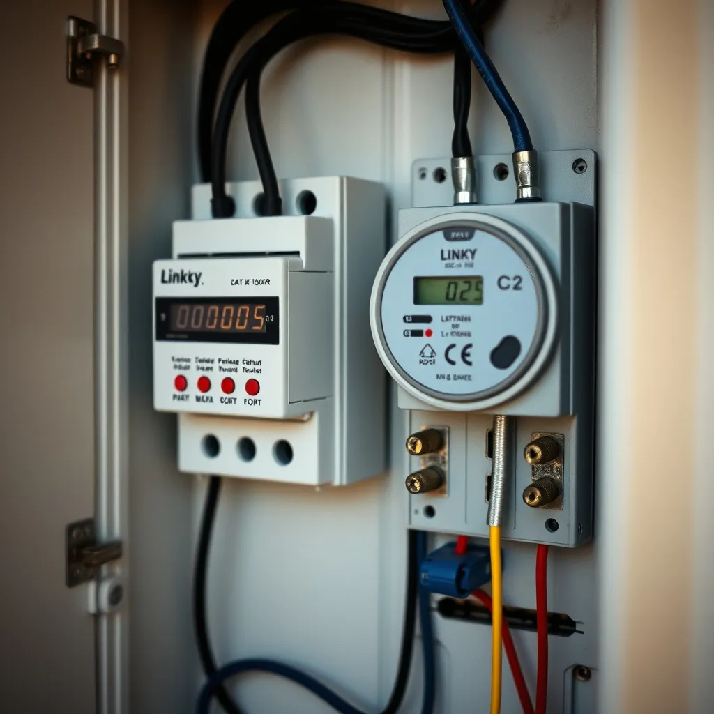 Contacteur jour/nuit câblé sur les bornes C1 et C2 du compteur Linky dans un tableau électrique résidentiel