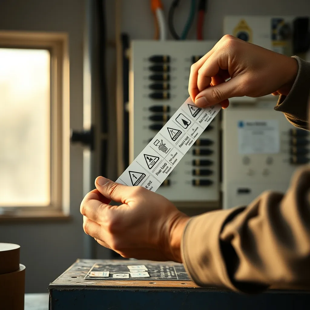Pose des étiquettes de pictogrammes sur la bande de repérage du tableau électrique