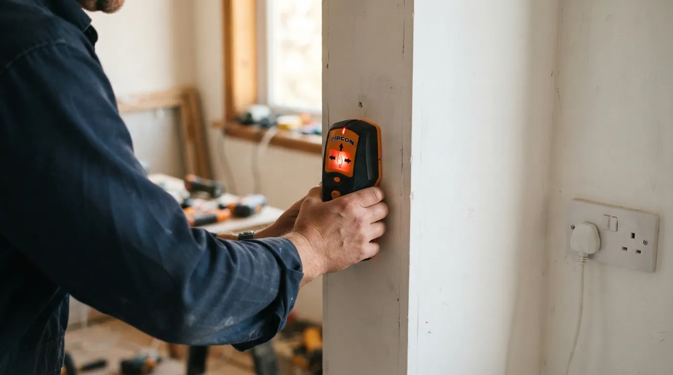 Détecteur multifonction appliqué contre une cloison en placo pour repérer un câble sous tension avant perçage