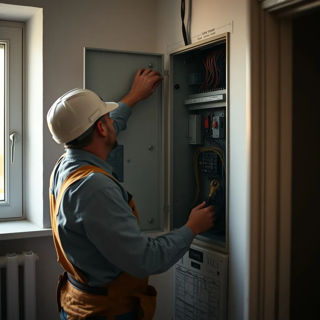 Un autoentrepreneur électricien intervient sur un tableau électrique résidentiel lors d'une rénovation