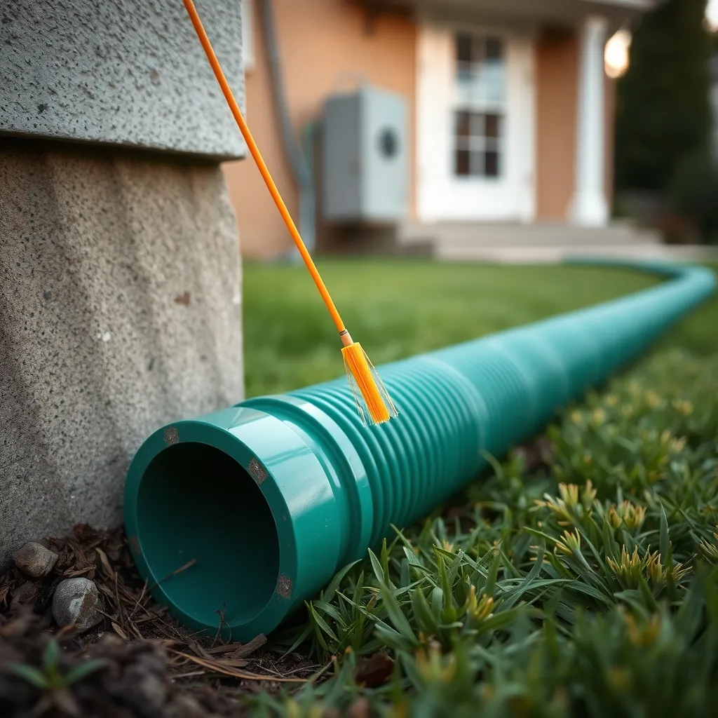 Tirage du câble fibre optique dans un fourreau TPC vert en limite de propriété d'une maison individuelle