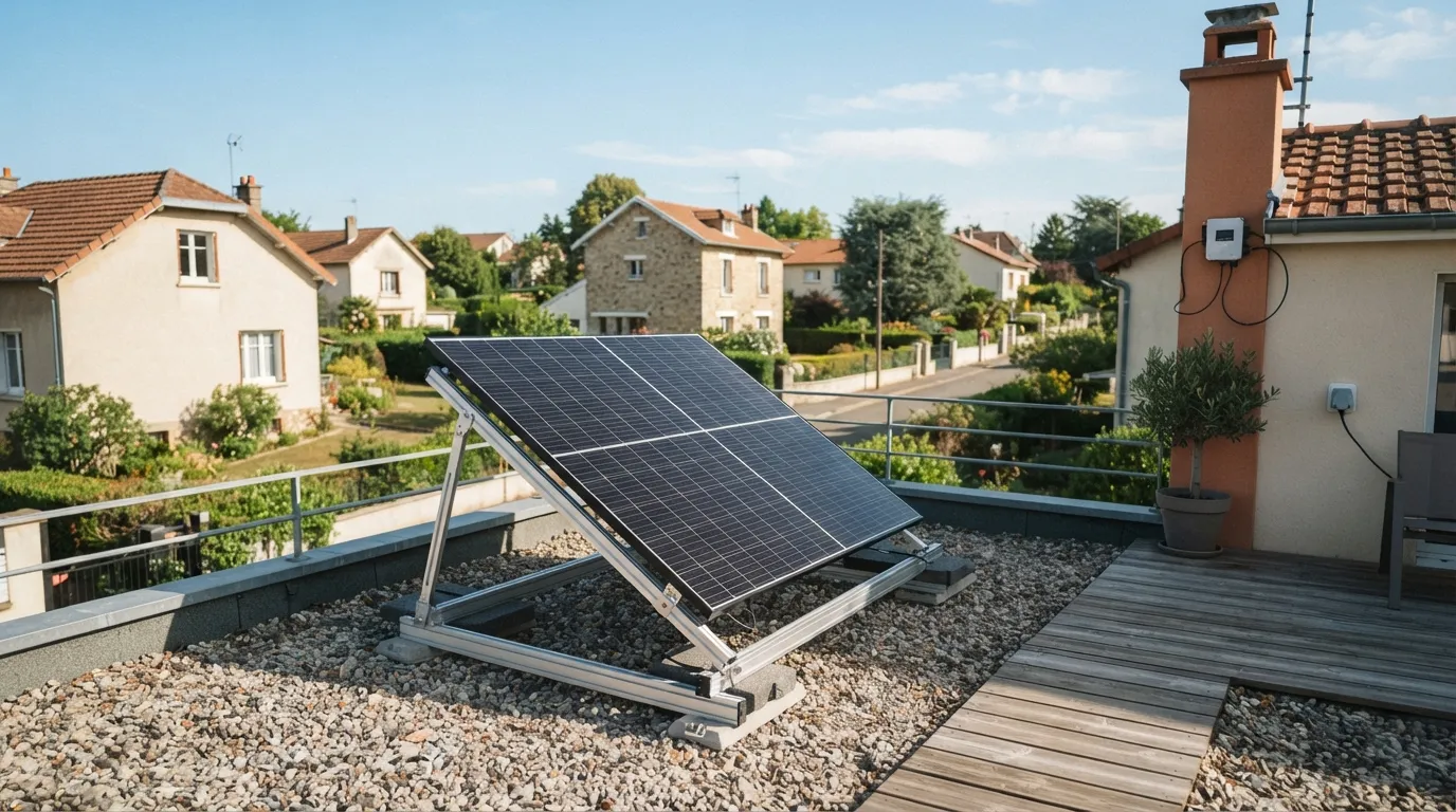 Kit solaire plug and play installé sur une terrasse avec support inclinable orienté plein sud