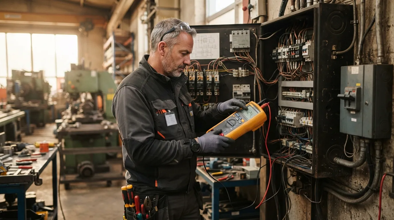 Mesure d'isolement sur un tableau électrique à l'aide d'un mégohmmètre réglé en 500 V DC