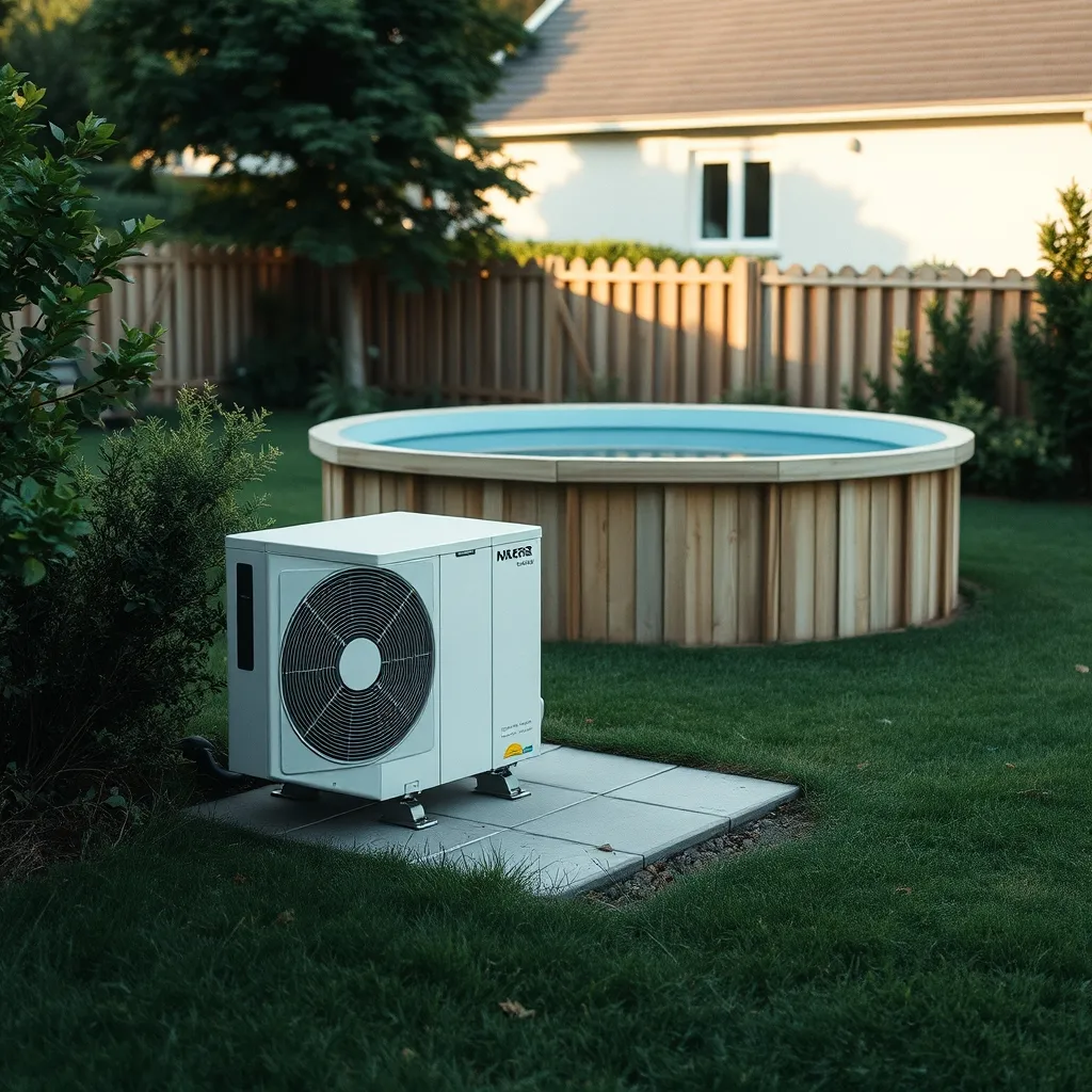 Pompe à chaleur compacte installée sur un socle béton à côté d'une piscine hors sol en bois dans un jardin isérois