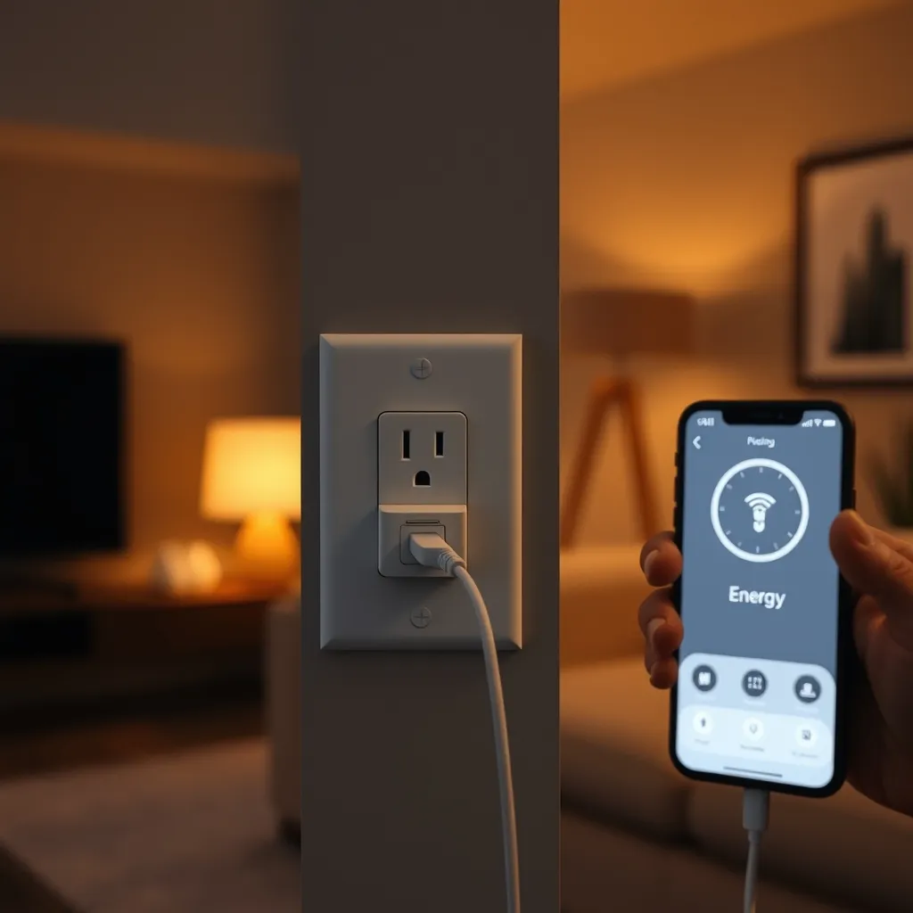 Prise connectée Wi-Fi branchée sur une prise murale avec suivi de consommation visible sur smartphone