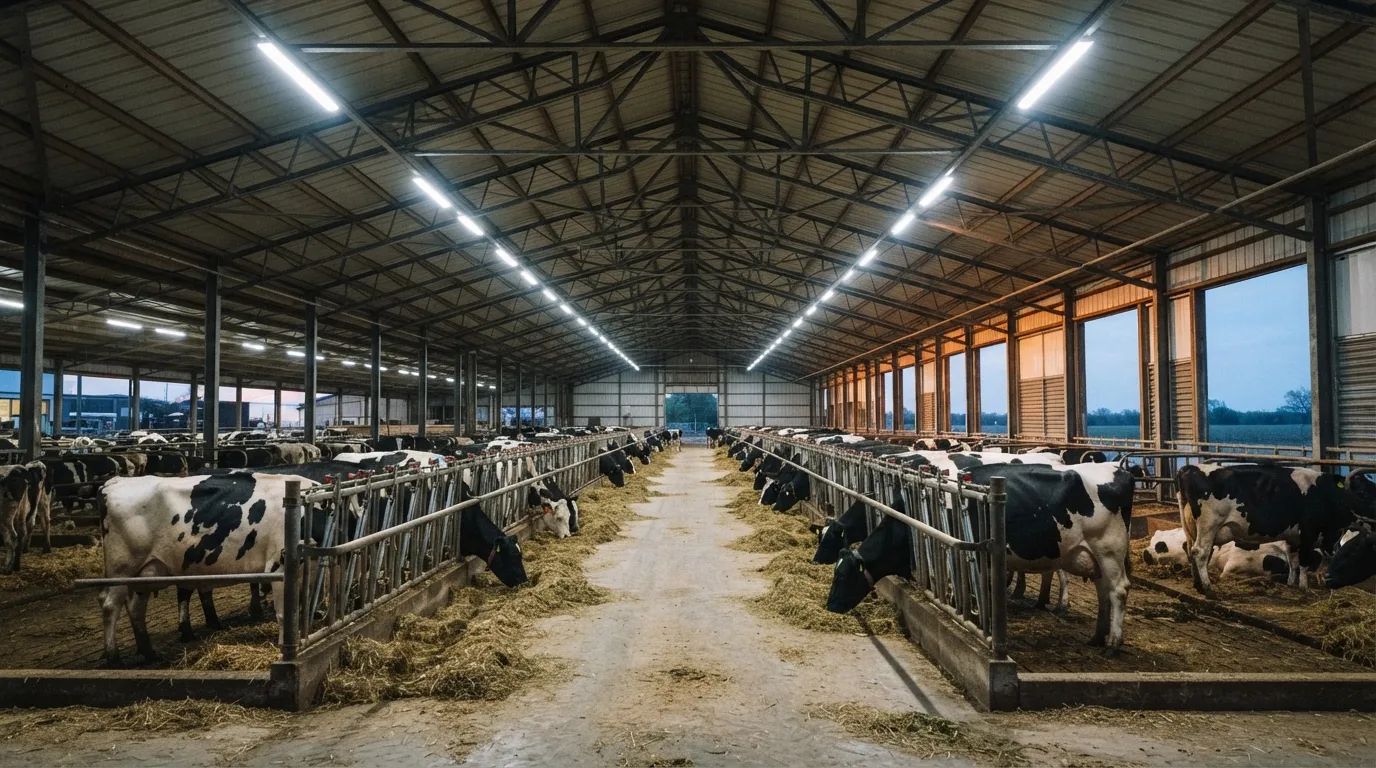 Des luminaires LED étanches installés dans une stabulation bovine remplacent les anciens tubes fluorescents et réduisent la facture d'éclairage de moitié