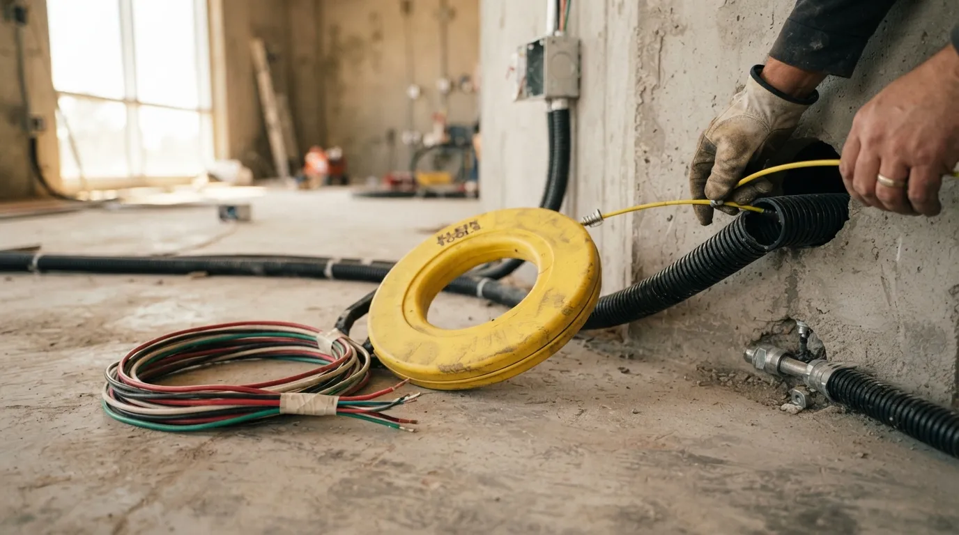 Aiguille tire-fil en fibre de verre sur dévidoir, posée à côté de gaines ICTA et de conducteurs prêts au tirage