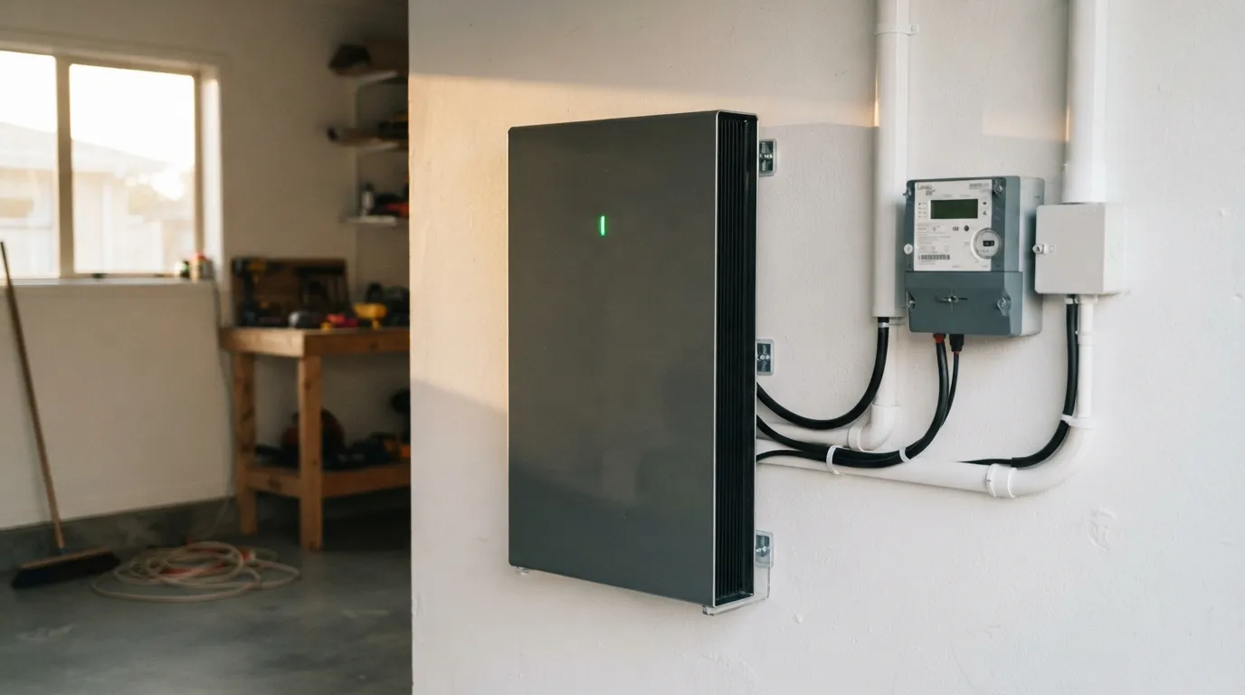 Batterie de stockage solaire domestique installée en garage, avec indicateur de charge actif