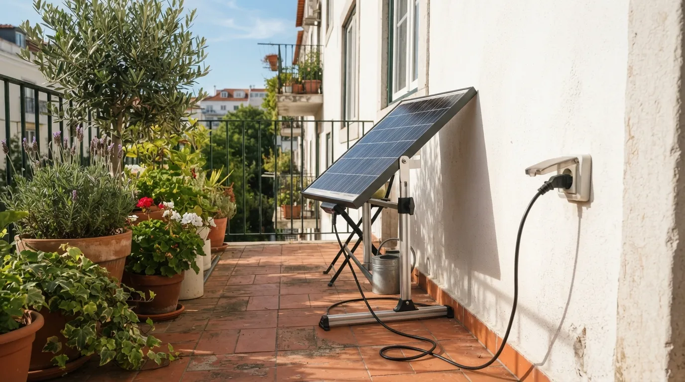 Station solaire plug and play installée sur un balcon résidentiel, branchée sur une prise extérieure