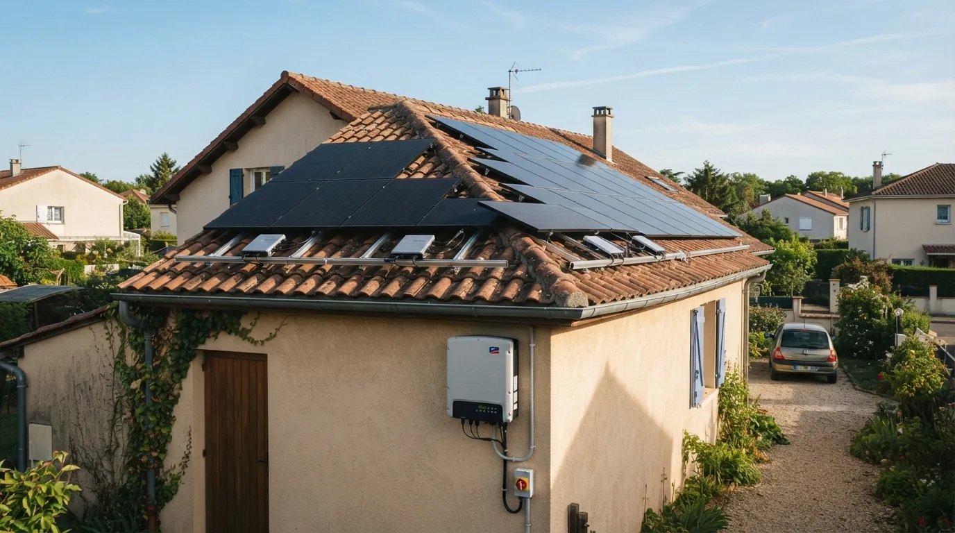 Installation solaire résidentielle avec micro-onduleurs sous les panneaux et onduleur central en local technique