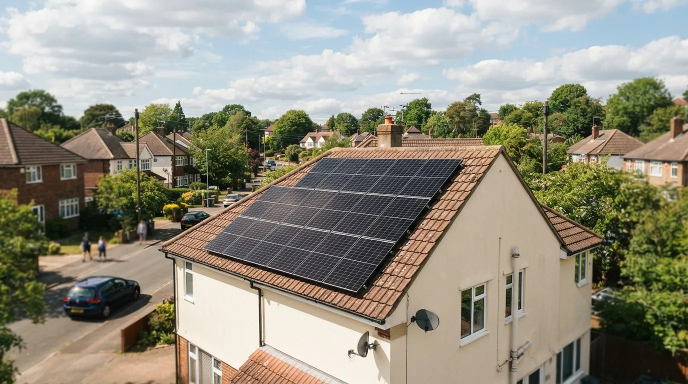 Panneaux solaires installés sur une toiture résidentielle orientée sud-ouest, configuration courante en France