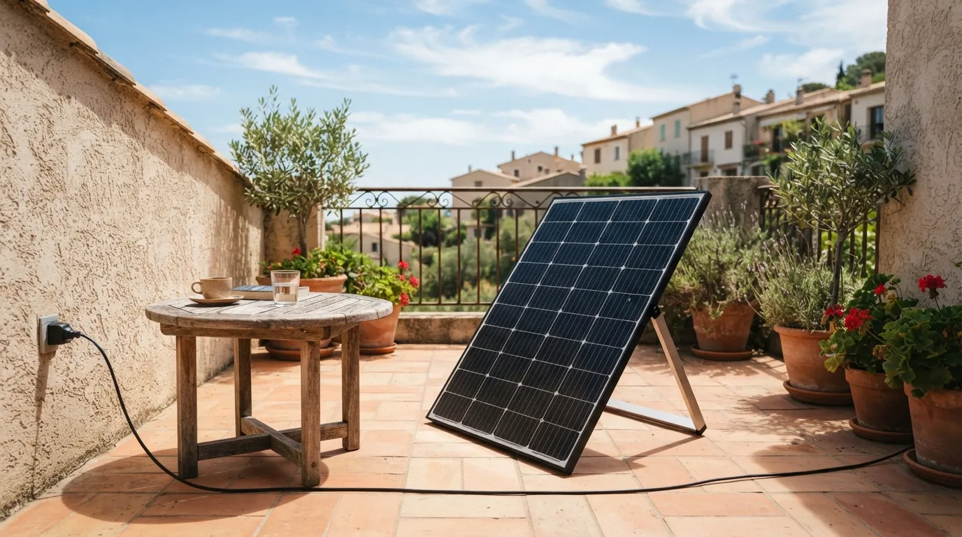 Kit solaire plug and play installé sur une terrasse résidentielle exposée plein sud